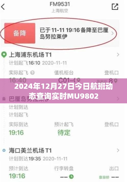 2024年12月27日MU9802航班實時動態查詢通知