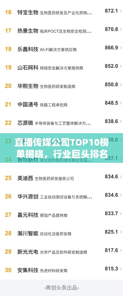 直播傳媒公司TOP10榜單揭曉,行業巨頭排名及影響力解析