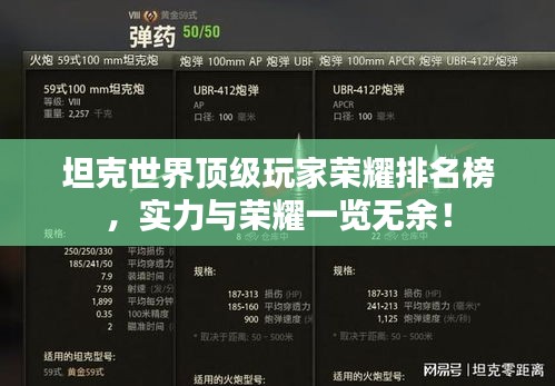 坦克世界頂級玩家榮耀排名榜,實力與榮耀一覽無余!