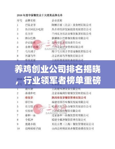 養雞創業公司排名揭曉,行業領軍者榜單重磅出爐!